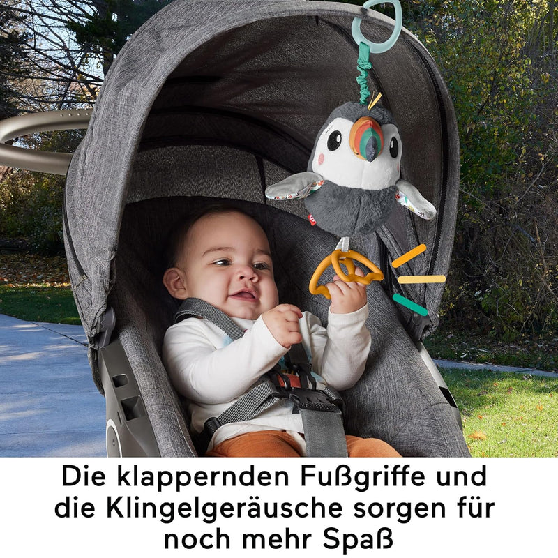 Fisher-Price Flap & Go Tukan - Plüschiges Kinderwagenspielzeug, fördert Feinmotorik und sensorische