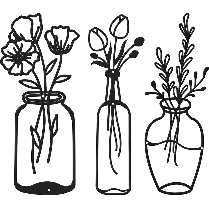3 Stück Metall Blume Wanddekor Minimalistische Vase Wandkunst Schwarze Tulpe Draht Eisen Dekor Blume