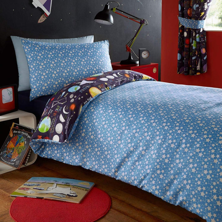 Kidz Club Bettbezug für Einzelbett und EIN Kissenbezug, Planetenmotiv, Schwarz, PPLAD1, Dunkelblau,