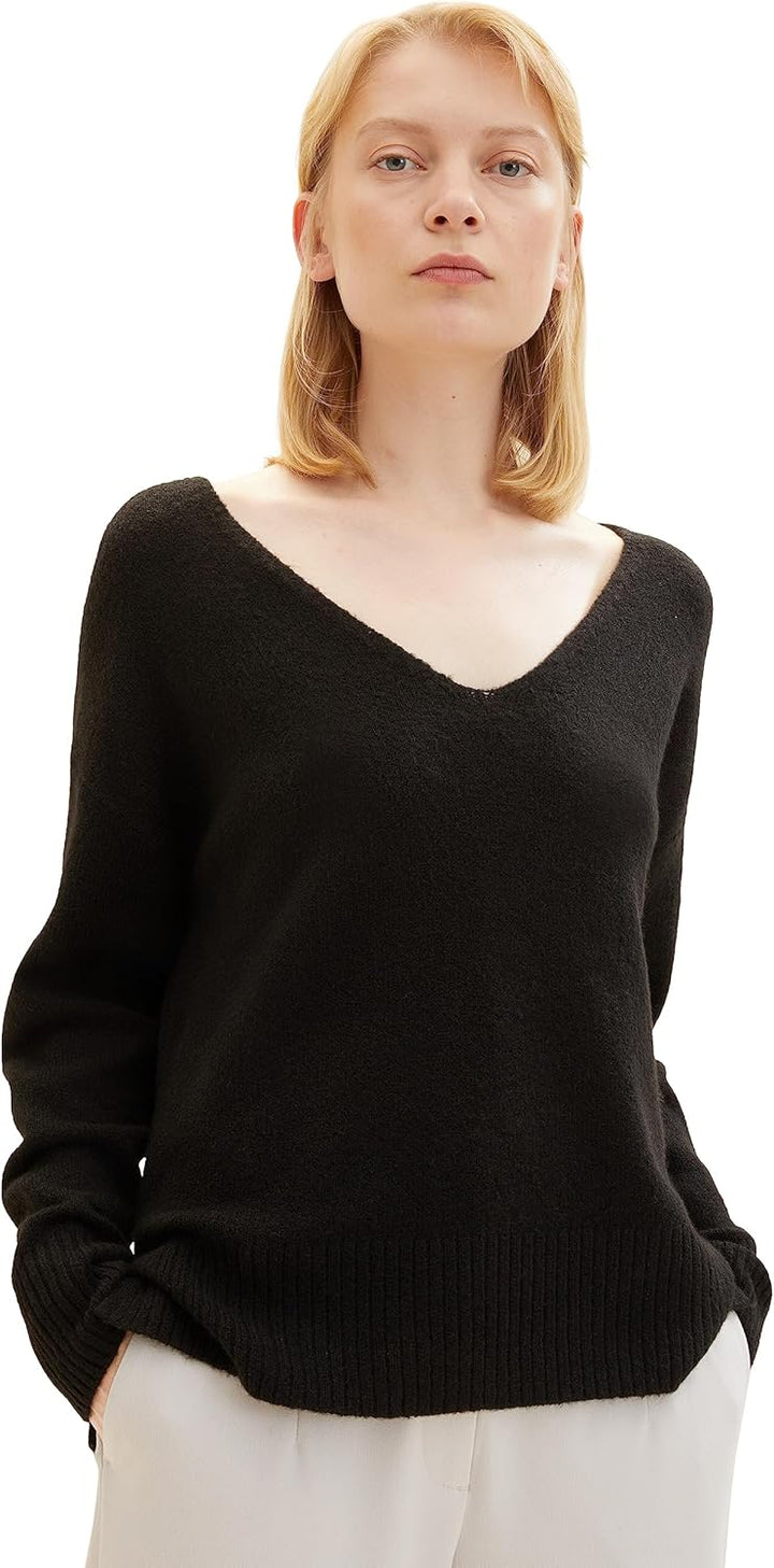 TOM TAILOR Denim Damen Basic Pullover mit V-Ausschnitt L 14482-deep Black, L 14482-deep Black