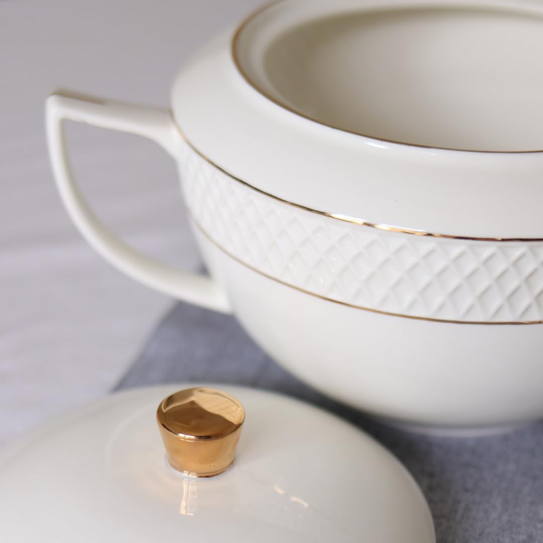 Wilmax - Suppenterrine mit Deckel - 2800ml - Vase aus Porzellan mit Goldmuster - weiss - Hitzebestän