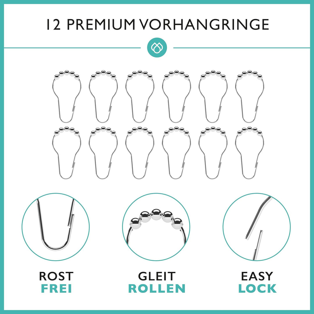Duschvorhangstange ohne Bohren inkl. 12 Ringe (TESTSIEGER*) - Stabile 120-215cm Teleskop Duschstange