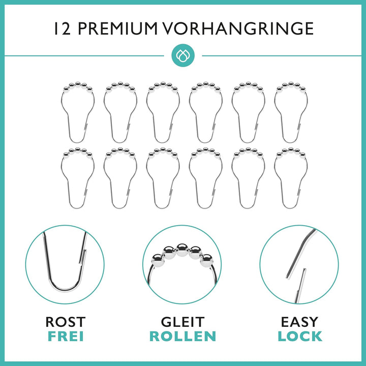 Duschvorhangstange ohne Bohren inkl. 12 Ringe (TESTSIEGER*) - Stabile 120-215cm Teleskop Duschstange