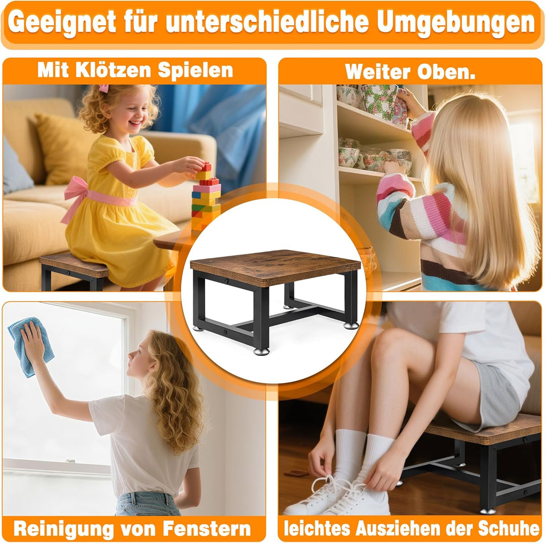 Tritthocker Kinder Stufen, Schwere Metallrahmen und Stabiler Hölz Fusshocker Verdickter Unterbalken