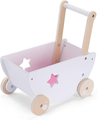 Navaris Puppenwagen aus Holz in Weiss - Kinder Baby Puppen Wagen Lauflernwagen - für Mädchen und Jun