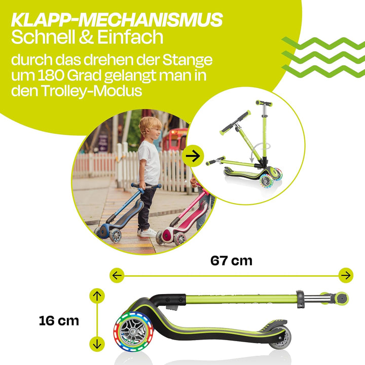 GLOBBER Elite Deluxe Lights – Tretroller Kinder, 120/80 mm, ABEC 5, 3-rädrig, höhenverstellbar, LED-