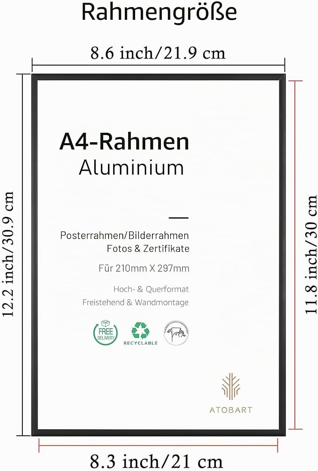 ATOBART A4-Fotorahmen, 4er-Pack-21x30cm schwarzer Bilderrahmen, Zertifikatsrahmen für Wandmontage od