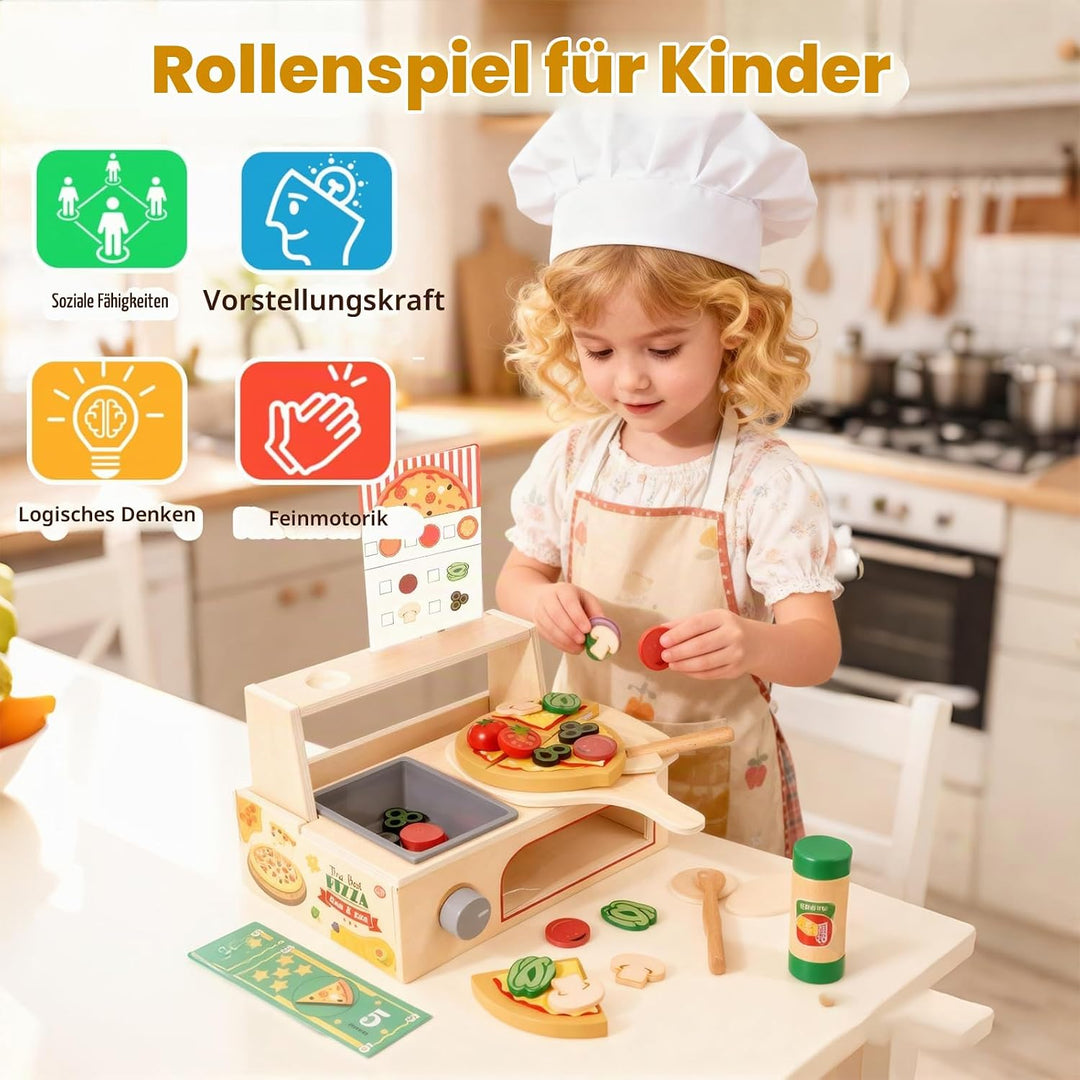 Pizza Holzspielzeug Kinderküche, Spielküche Zubehör Holz, 50PCS Pizzaofen mit Pizzaschneider, Küchen