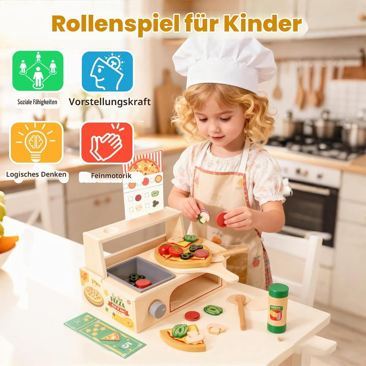 Pizza Holzspielzeug Kinderküche, Spielküche Zubehör Holz, 50PCS Pizzaofen mit Pizzaschneider, Küchen