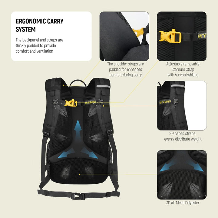 SKYSPER Wanderrucksack 25L, Klein Rucksack mit Rückenbelüftung aus atmungsaktivem 3D Air Mesh Tagesr
