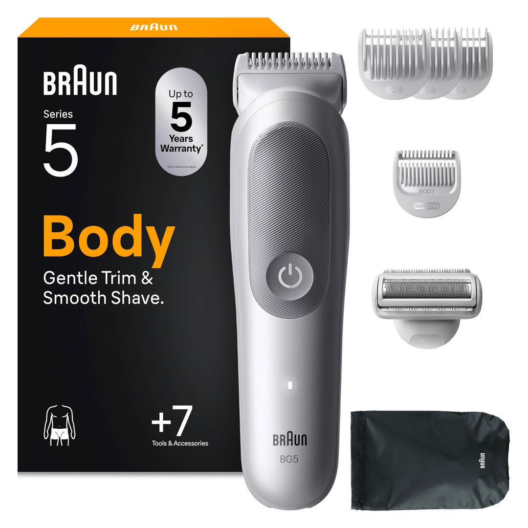 Braun Bodygroomer Series 5, Elektrischer Körperrasierer Herren mit 7 Zubehörteile, Kabelloser Trimme