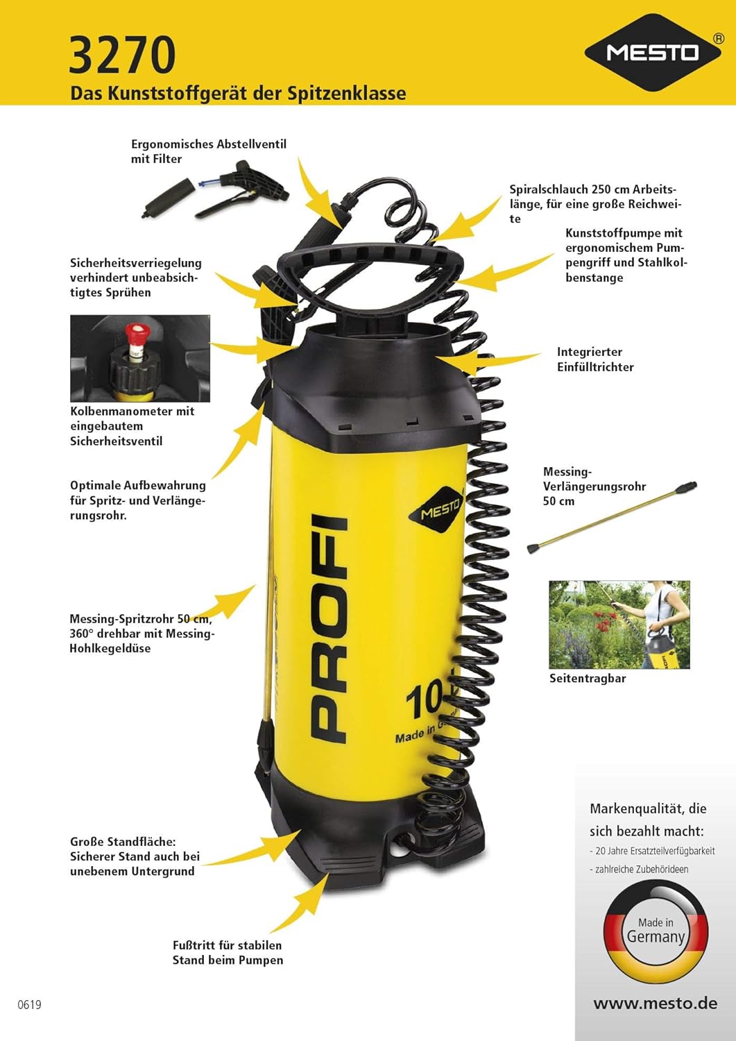 Mesto Profi Drucksprühgerät (10L; 3 bar; Messingspritzrohr; Kunststoff; Sicherheitsventil; seitentra