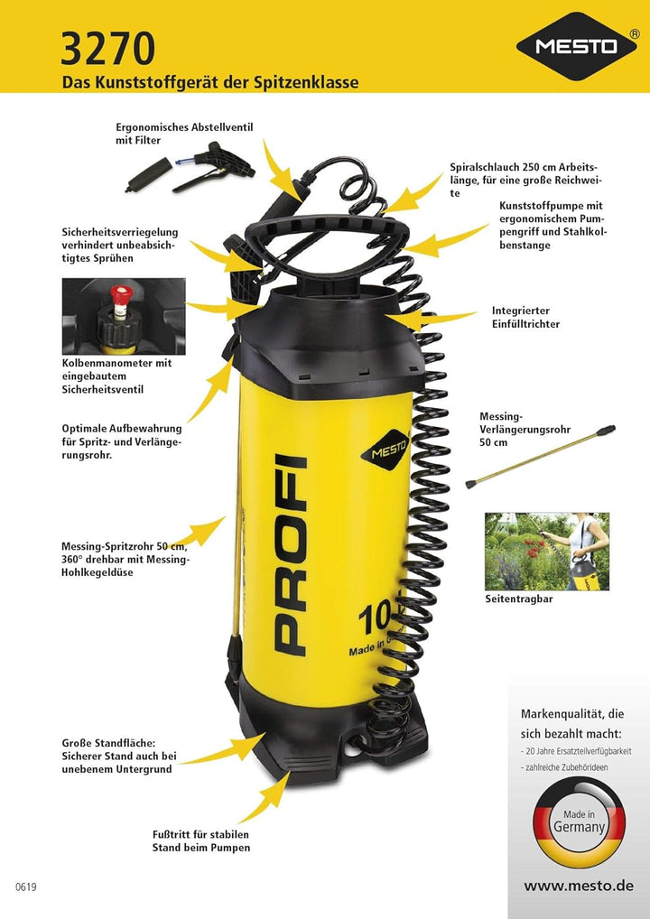 Mesto Profi Drucksprühgerät (10L; 3 bar; Messingspritzrohr; Kunststoff; Sicherheitsventil; seitentra