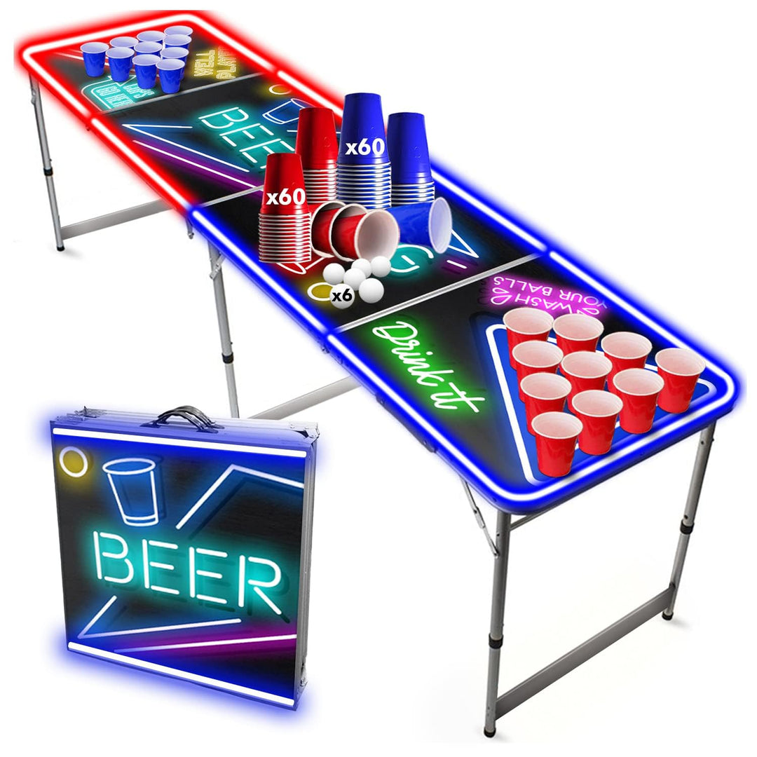 Beer Pong Offizieller Spotlightholes Tisch mit Löchern Set | Full Pack | Inkl. 1 Tisch + 120 53cl Be