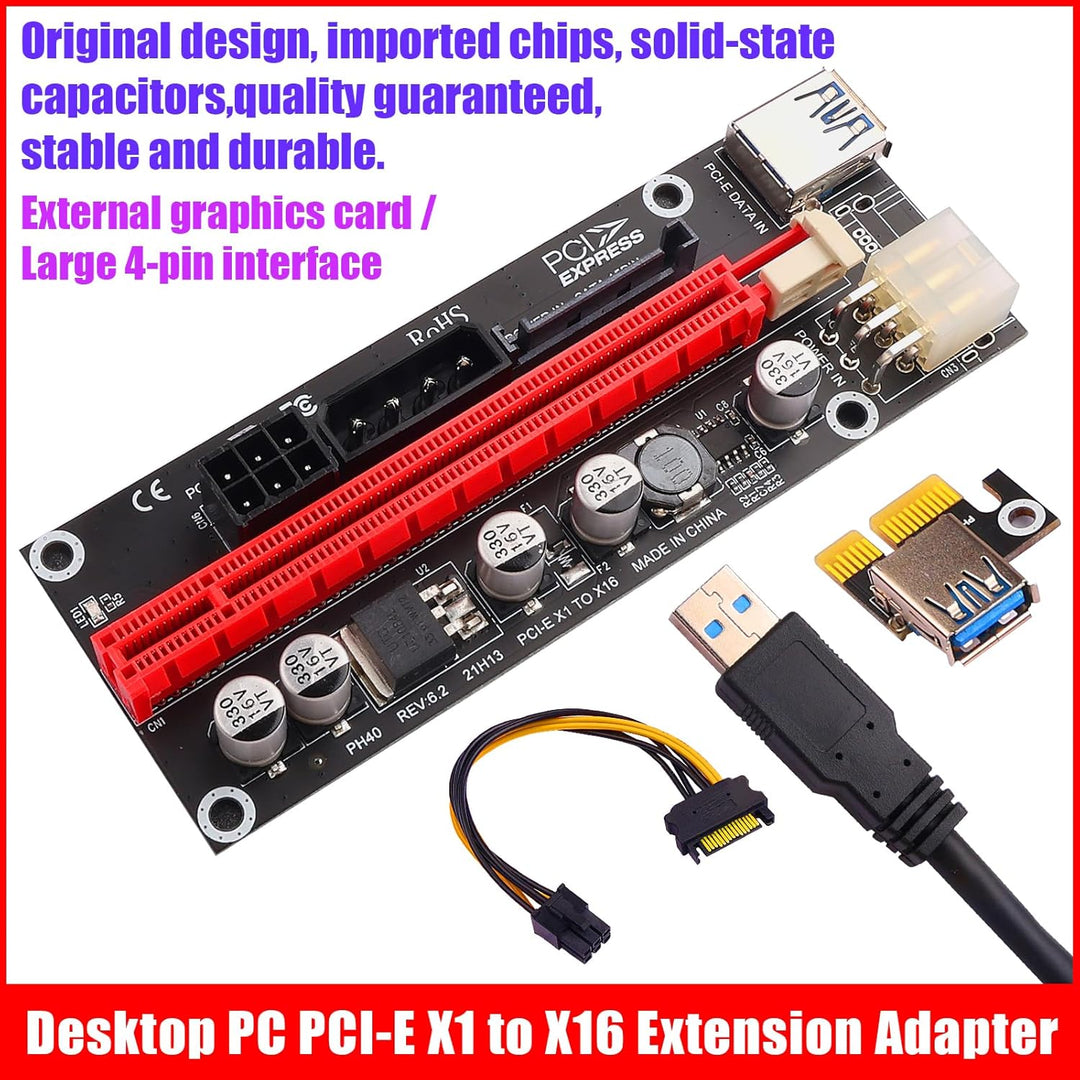 PCIe 1X auf 16X Riser Karte für Bitcoin Mining - 3 Netzteiloptionen (6Pin, Molex, SATA), 60 cm gesch