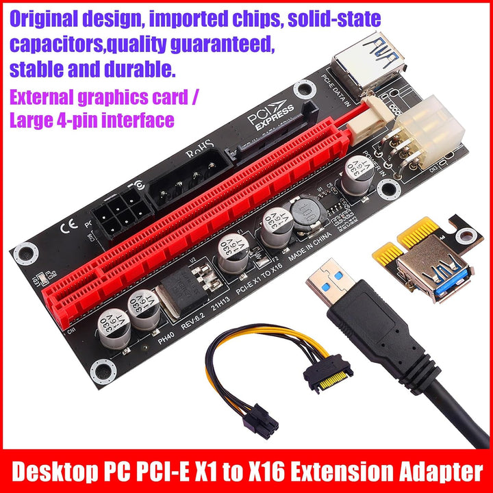 PCIe 1X auf 16X Riser Karte für Bitcoin Mining - 3 Netzteiloptionen (6Pin, Molex, SATA), 60 cm gesch