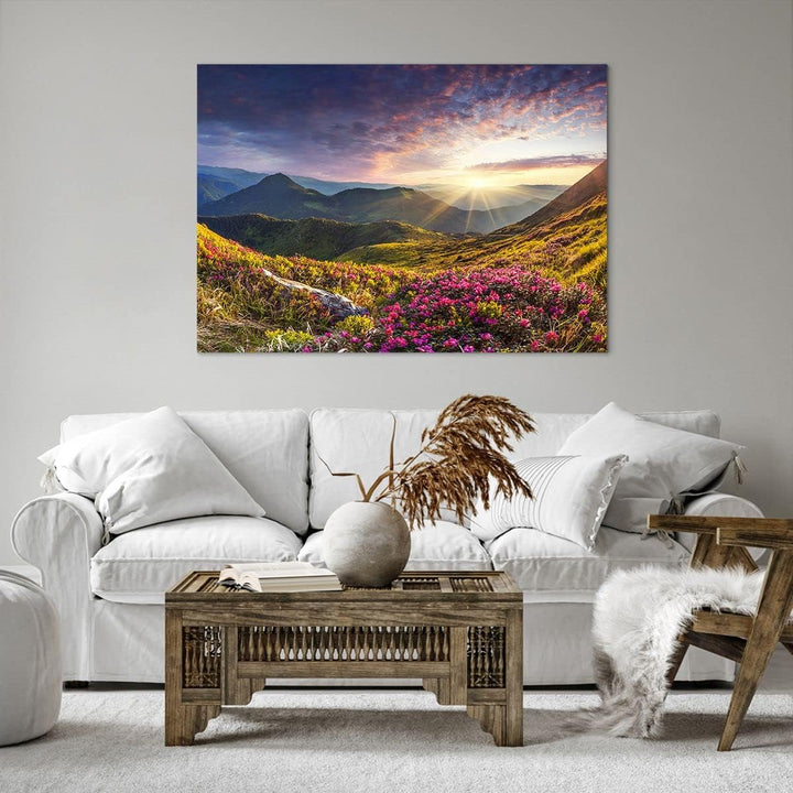 Bilder auf Leinwand 100x70cm Leinwandbild Gebirge Wiese Landschaft Wald Gross Wanddeko Bild Schlafzi