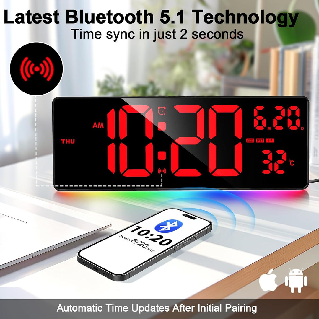 XREXS 16,5'' Grosse Digitale Wanduhr, automatische Zeitkalibrierung, rotes Digitaldisplay mit bunter