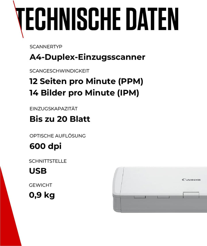 Canon R10 imageFORMULA Scanner Dokumentenscanner Mobil (Duplex Einzug, 600 DPI, eingebaute Plug und