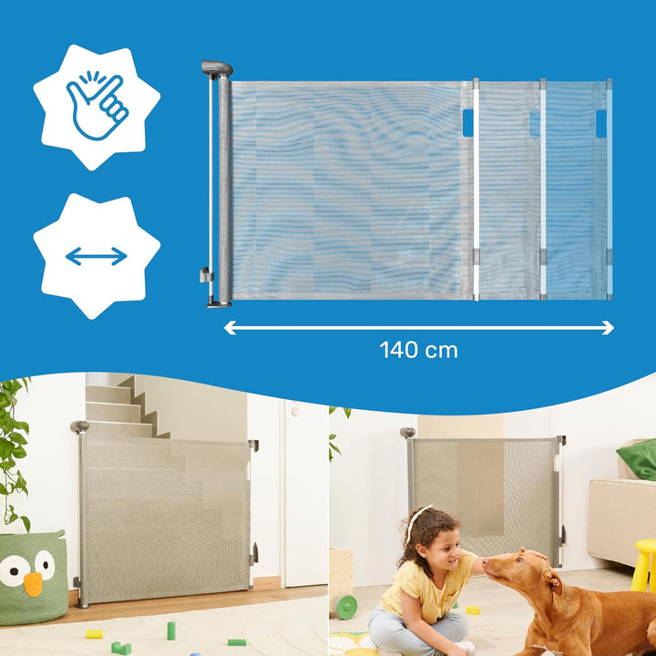 Badabulle Safe &amp; Roll Türschutzgitter und Treppenschutzgitter zum ausziehen - bis 140cm, barrierefre