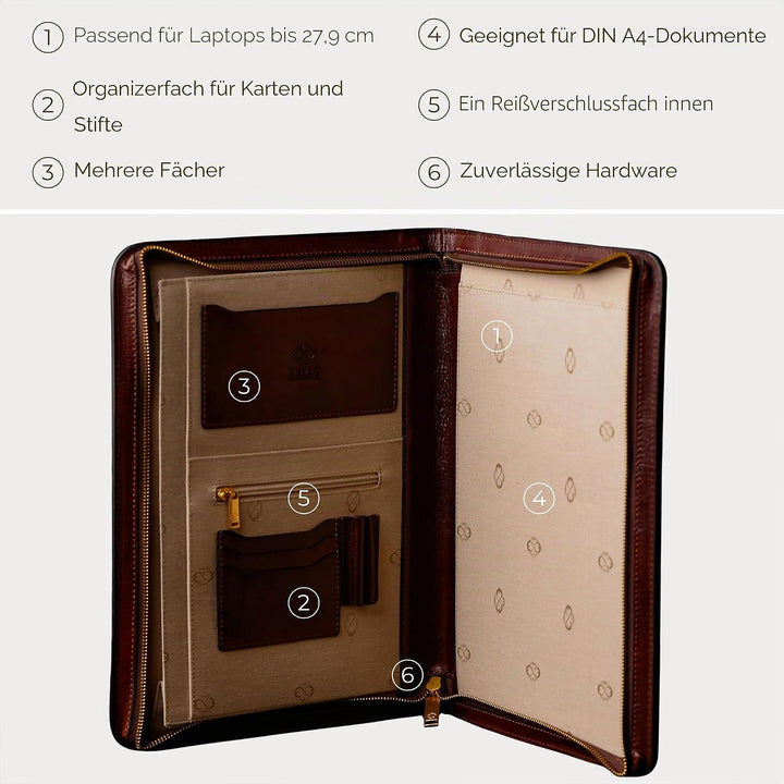 Leder Schreibmappe A4 - Konferenzmappe für Herren - Organizer Mappe - Stylische Aktenmappe - Braun -