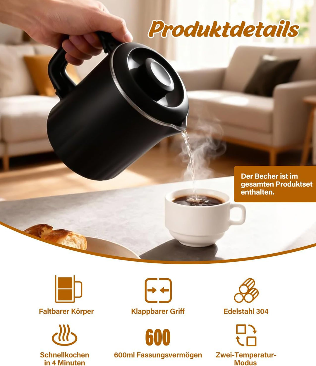 PAHTTO Faltbarer Reisewasserkocher aus Edelstahl, 800ml Tragbarer Wasserkocher elektrisch mit Kerami