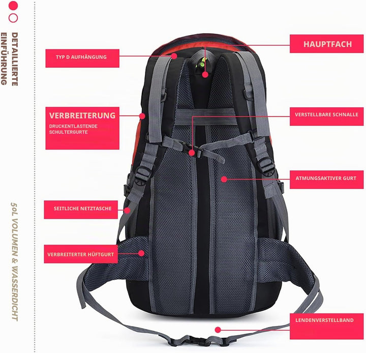 Bseash 50L Leichter wasserfester Wanderrucksack, Outdoor Sport Tagesrucksack Multifunktions Reisetas