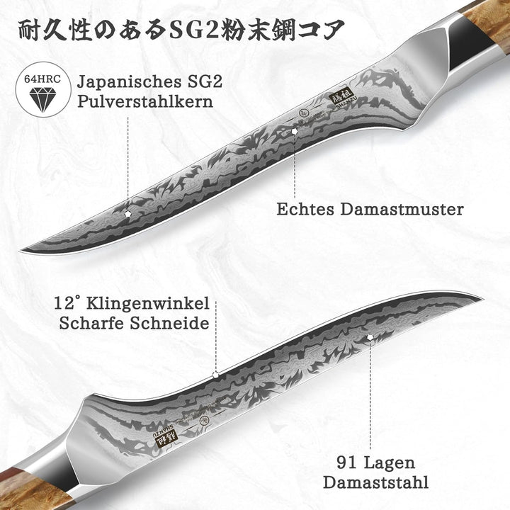 SHAN ZU Damast Filetiermesser, Japanisches Ausbeinmesser aus SG2-Pulverstahl, Handgeschmiedetes 18cm