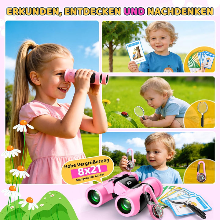 Fernglas für Kinder 8X21 mit Lupe & Kompass & Entdeckerkarten - Geschenk Mädchen 3-10 Jahre, Outdoor