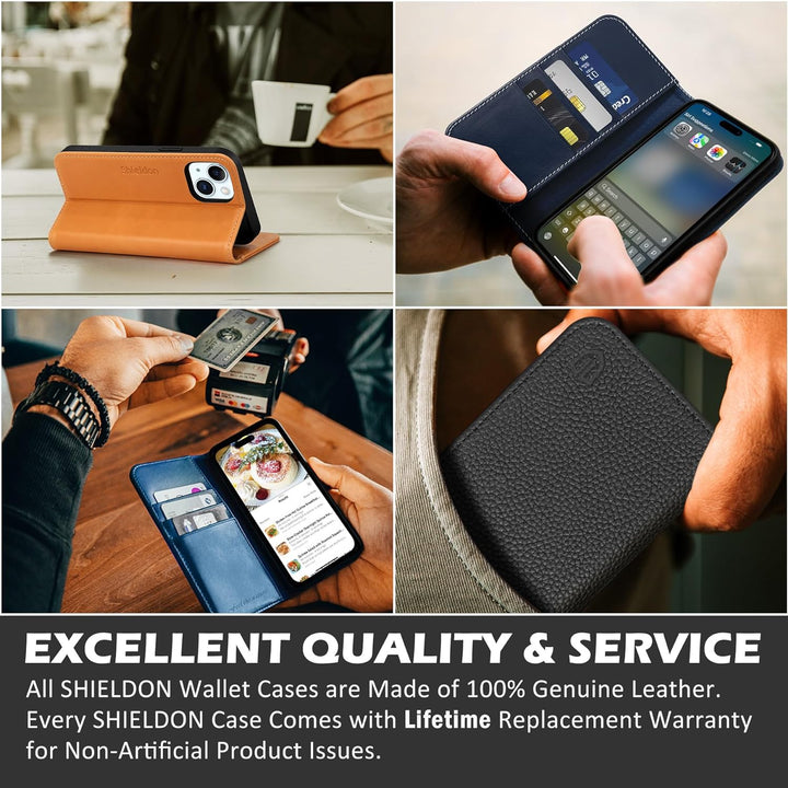 SHIELDON Hülle für iPhone 15 Plus, Handyhülle [Echtleder] [Kartenfach] [Magnet] [Standfunktion] [RFI