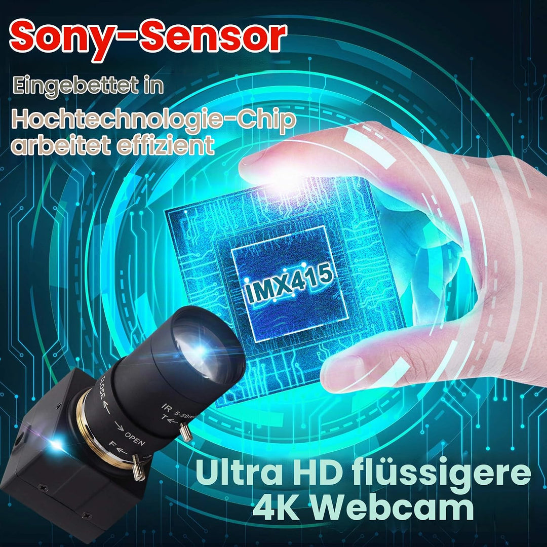 ELP 4K Webcam,2160P Zoom Web Kamera mit 5-50mm Manuell Objektiv,Variable Fokus Ultra HD Kamera,Plug