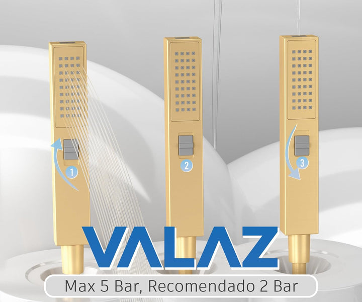 VALAZ Unterputz Duscharmatur Gold Gebürstet PVD-Schutz | Duschsystem mit Regendusche Regeneffekt | 2