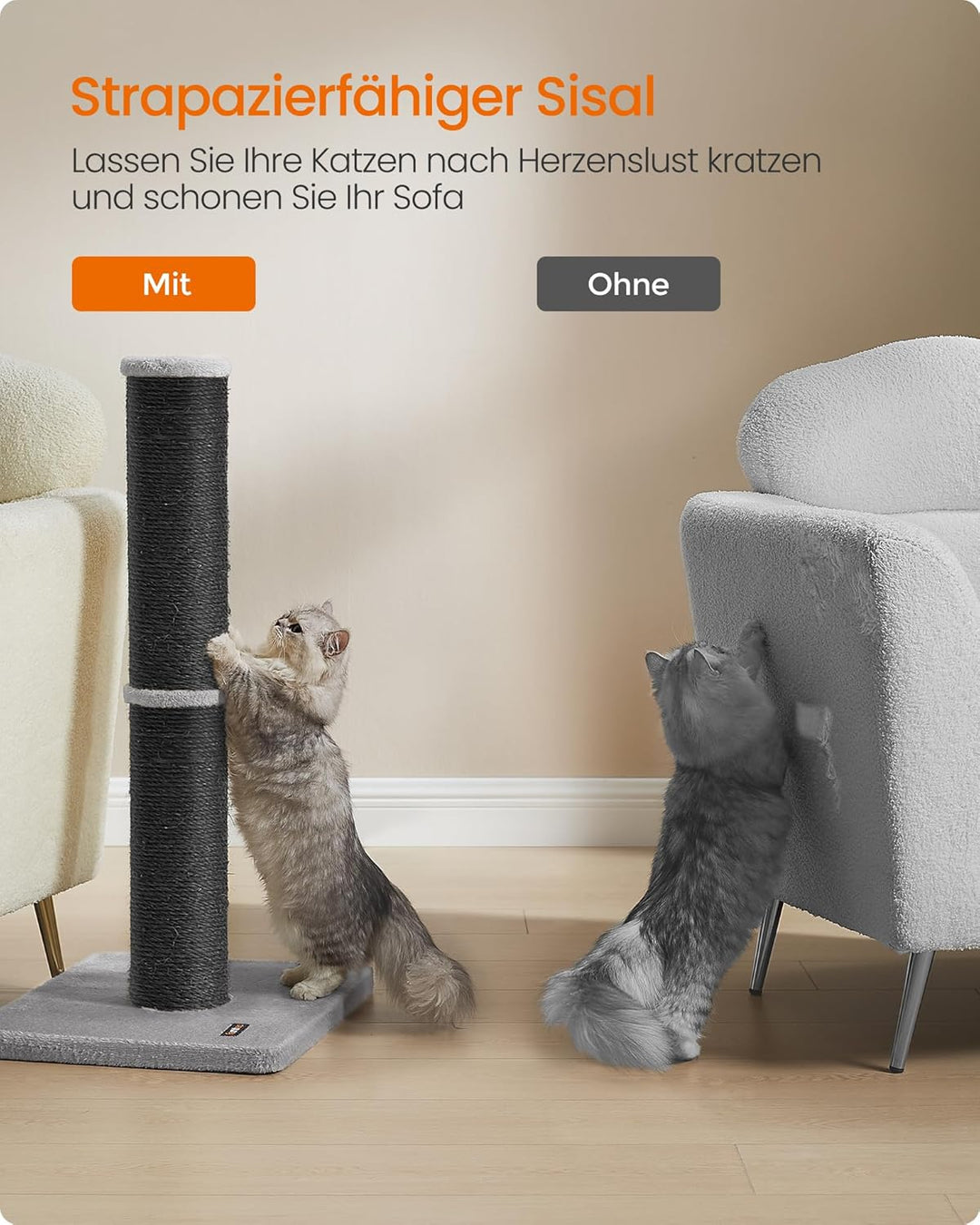 Feandrea Kratzbaum, 85 cm hoch, Kratzsäule XL, 13 cm Dicker Stamm, Katzenbaum, Kratzstamm für mittel