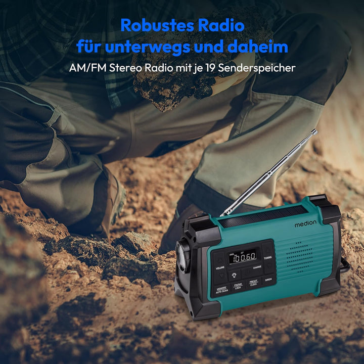 MEDION E66805 Kurbelradio (Solar, Dynamo Handkurbel, Baustellenradio, PLL UKW Radio, Taschenlampe IP