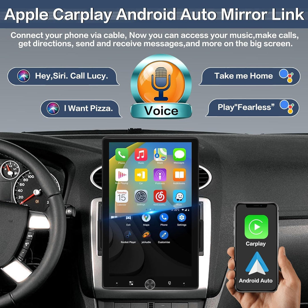 Hikity 1 Din Apple CarPlay Autoradio mit Bildschirm Gedreht Android Auto Radio mit 10,4 Zoll Touch D