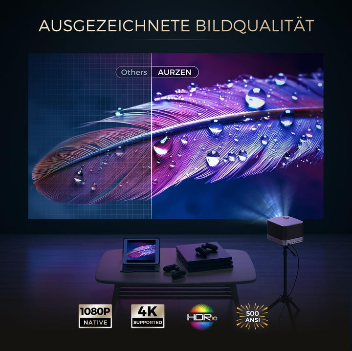 All-ln-One mit Beamer 4K Unterstützung, AURZEN Boom 3 Smart Projektor mit WiFi und Bluetooth, 3D-Ste