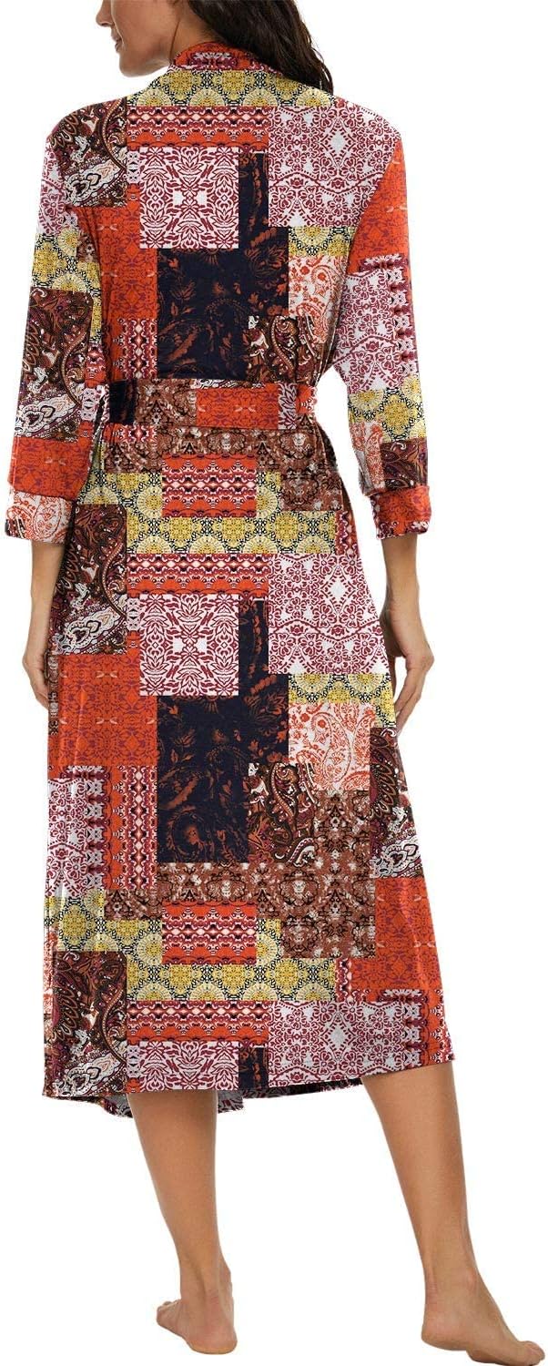 PrinStory Damen Bademantel Leichter 3/4 Ärmeln Morgenmantel V-Ausschnitt Kimono Roben Langes Nachtwä