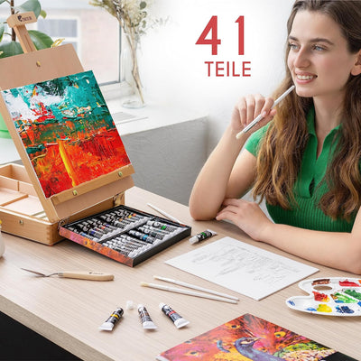 Staffelei mit Ölfarben Set - Malset 41 Teile : 24 Tuben Ölfarbe 3 Leinwand Zum Bemalen 1 Malblock 10