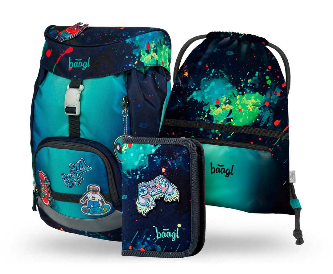 Baagl Schulranzen Jungen für 1. Klasse, Airy Schultasche Set 3-Teilig, Grundschule Schulrucksack für