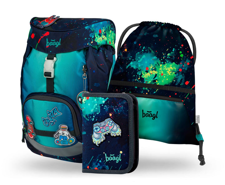 Baagl Schulranzen Jungen für 1. Klasse, Airy Schultasche Set 3-Teilig, Grundschule Schulrucksack für