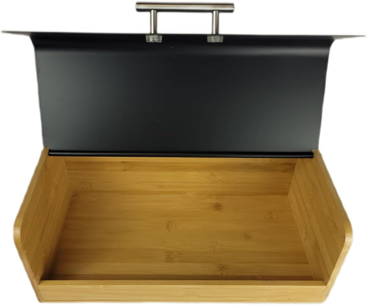 Brotkasten 36 cm, Bambus-Brotbox mit schwarzem Metall-Klappdeckel und Edelstahlgriff, kompakter Brot