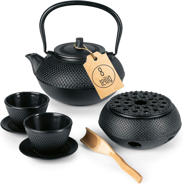 Lumaland Tee Set 8-teilig | 1,4 Liter Gusseiserne Teekanne Tetsubin | Stövchen aus Gusseisen | 2 Tee