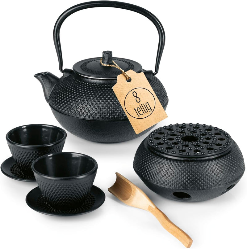 Lumaland Tee Set 8-teilig | 1,4 Liter Gusseiserne Teekanne Tetsubin | Stövchen aus Gusseisen | 2 Tee