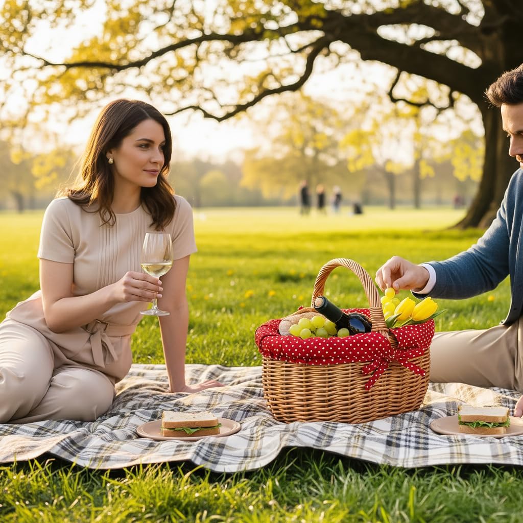 Creative Home Grosser Picknickkorb mit Stoffeinlage Rot mit Pünktchen Weidenkorb mit Henkel | Einkau