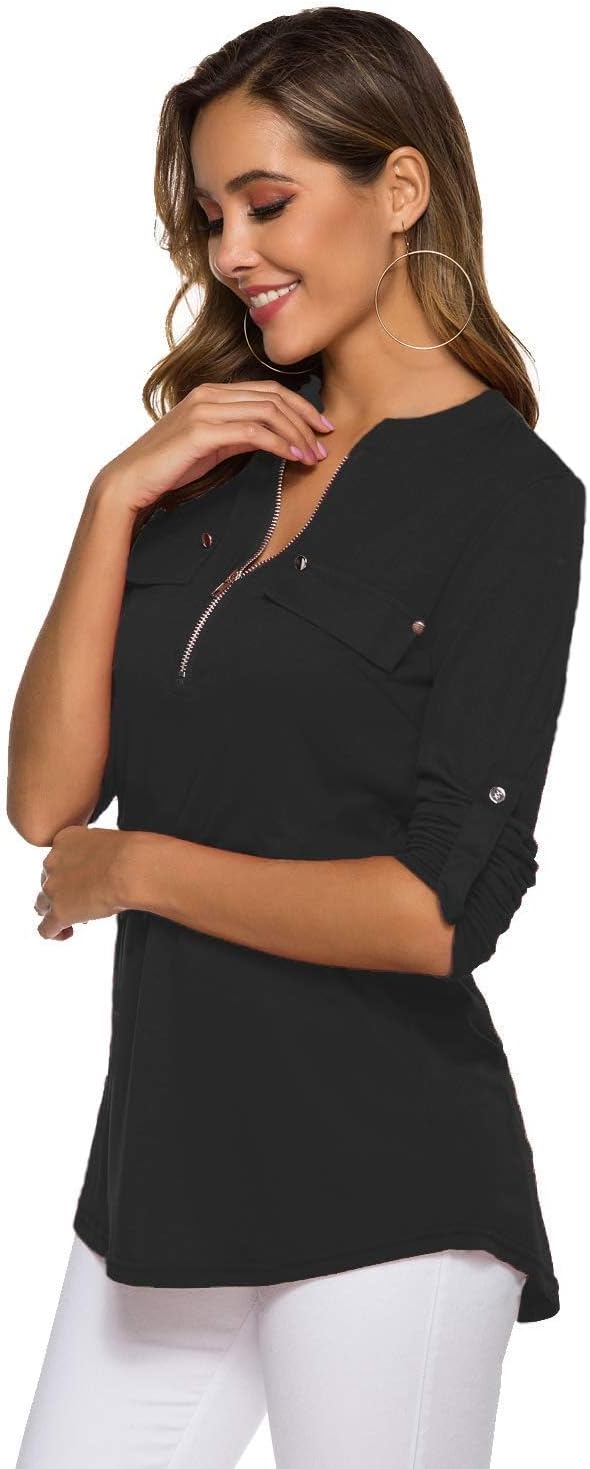 Lalala Damen V-Ausschnitt 3/4 Ärmel Bluse Einfarbig Kariertes Hemd Reissverschluss Tunika Tops Longs