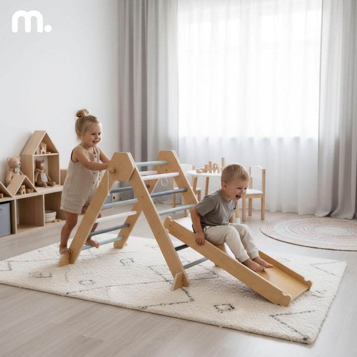 mamabrum Indoor Spielplatz Aus Holz Für Kinder – Pikler Dreieck, Kletterbogen, Rutsche Beidseitig –