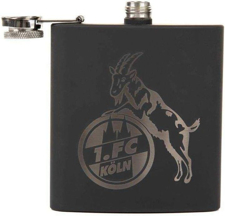1. FC Köln Flachmann - Logo - schwarz Taschenflasche, Edelstahl Flasche - Plus Lesezeichen I Love Kö