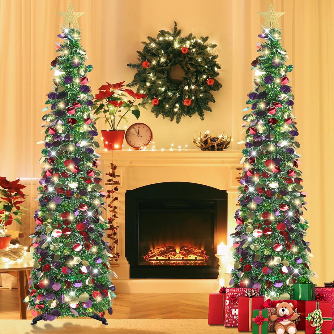 HMASYO 150 cm Pop-Up Lametta Weihnachtsbaum mit 50 Timer-Lichtern, Buntes Grün Zusammenklappbarer Kü