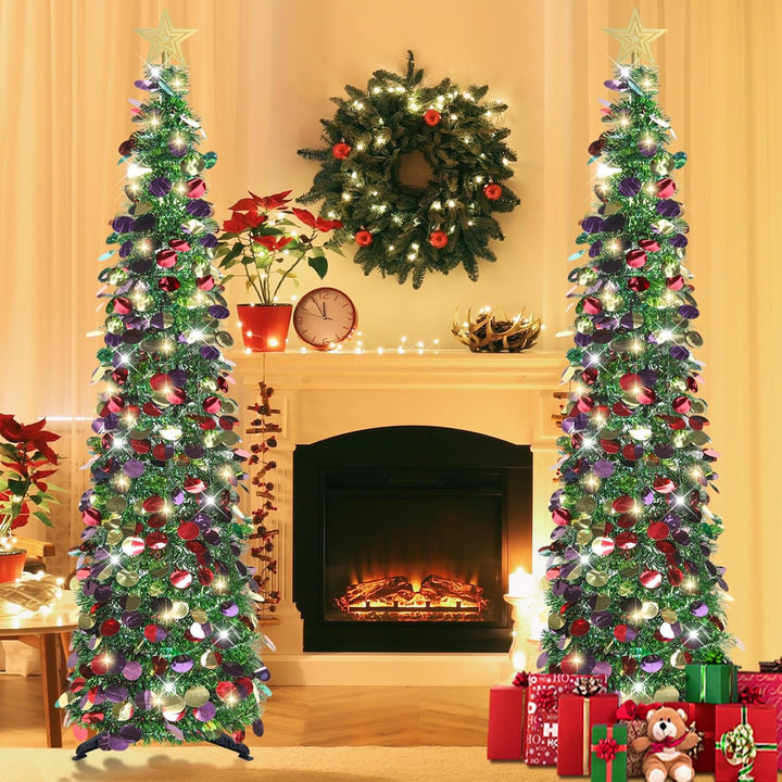 HMASYO 150 cm Pop-Up Lametta Weihnachtsbaum mit 50 Timer-Lichtern, Buntes Grün Zusammenklappbarer Kü