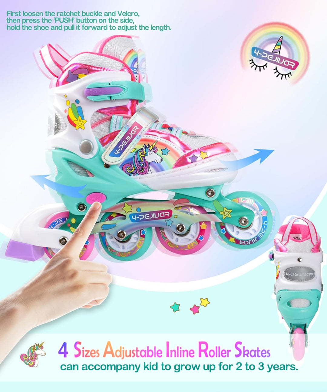 Einhorn Inliner für Mädchen Kinder Grössen Verstellbar Mit Allen Leuchtenden Rädern Regenbogen Inlin